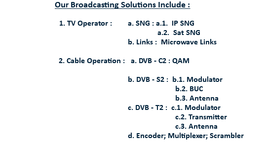 Our Broadcasting Solutions Include : 1. TV Operator : a. SNG : a.1. IP SNG a.2. Sat SNG b. Links : Microwave Links 2. Cable Operation : a. DVB - C2 : QAM b. DVB - S2 : b.1. Modulator b.2. BUC b.3. Antenna c. DVB - T2 : c.1. Modulator c.2. Transmitter c.3. Antenna d. Encoder; Multiplexer; Scrambler