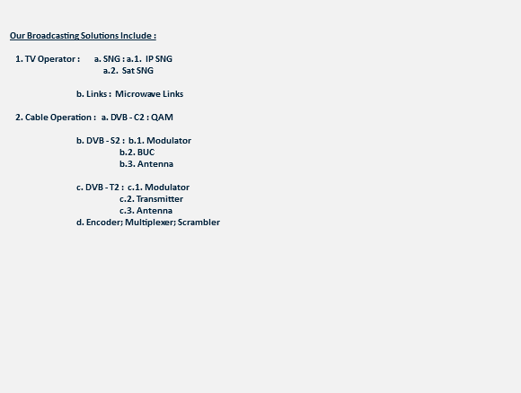  Our Broadcasting Solutions Include : 1. TV Operator : a. SNG : a.1. IP SNG a.2. Sat SNG b. Links : Microwave Links 2. Cable Operation : a. DVB - C2 : QAM b. DVB - S2 : b.1. Modulator b.2. BUC b.3. Antenna c. DVB - T2 : c.1. Modulator c.2. Transmitter c.3. Antenna d. Encoder; Multiplexer; Scrambler 